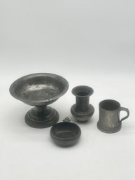 4 Pcs Pewter Footed Compote, 8.75' Diam. X 6'H, Glass Bottom Mug, Vase And Porringer