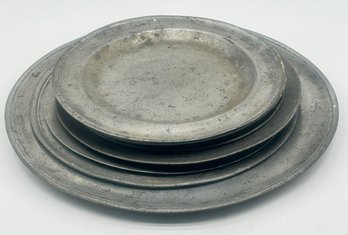 9 Pcs Antique Pewter, 13.5' Diam. Platter And 8-Plates In Various Sizes, Some With Hallmarks, 1830 & Others