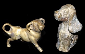 Two Brass Figures - Bull & Cocker Spaniel