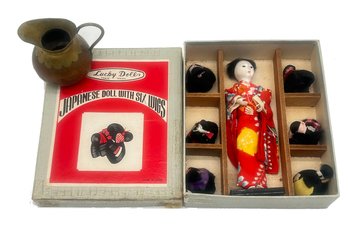 Vintage Japanese 7'H Doll With 6 Wigs In Original Box And Small Copper & Brass Pitcher, 3'H
