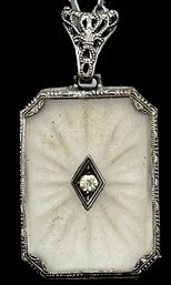 Art Deco Satin Glass And Sterling .925 Pendant With Stone, Chain Not Sterling