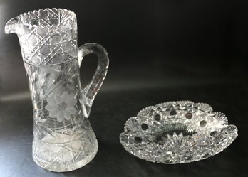 Two Cut Glass Pieces - 12' High Pitcher And Dish 10' X 6'