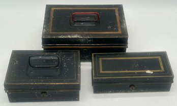 3 Pcs Antique Strong Boxes With Classic Black Paint And Gold Striping, Largest 10.75' X 7.25' X 4.5'H