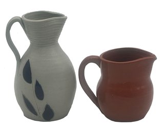 2 Pcs Vintage Stoneware Pitchers, Gray & Blue Williamsburg Pottery 7.25'H & Redware Marked LW 95