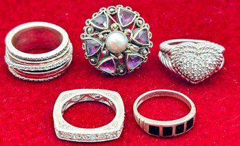 Sterling .925 Ring Lot Including Judith Ripka, Sonia Bitton, Israeli .925 & 14K Spinner Ring & Others