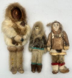 3 Pcs Vintage Eskimo Carved Dolls With Fur Clothing, Tallest 9'H