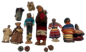 11 Pcs Vintage Dolls From Various Cultures & Miniature Pottery, Tallest 10.5'H