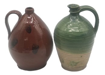 2 Pcs Gorgeous 18thC Style Glazed Stoneware Jugs Including Ovoid, Reproduction, Tallest 10.5'H