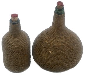 2 Pcs Vintage Glass Bottles Covered With Woven String, 1-Brown & 1-Green Bottles, Tallest 11'H