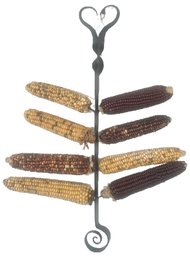 Vintage Primitive Hand Wrought Iron Hanging Corn Dryer With Indian Corn, 20.5'H, Reproduction