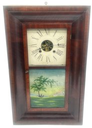 1841 Antique Mahogany Ogee Framed Wall Clock, Reversed Painted Panel, Key, 1-Weight & Pendulum Present