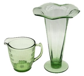 2 Pcs - Green Depression Glass Vase, 7.75' Diam. X 11.25' H  And Green 75th Anniversary Teleflora Pitcher