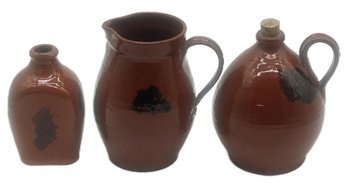3 Pcs 18thC Style Similarly Glazed Redware Pottery, Ovoid Jug, Pitcher 7.25'H & Bottle