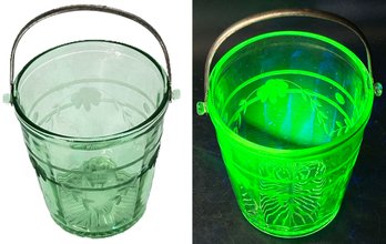 Vintage Etched Green Uranium Glass Ice Bucket With Silver Plate Handle And Tongs, 5.5' Diam. X 9' (Handle Up)