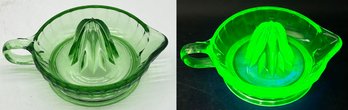 Vintage Green Uranium Glass Juicer, 5.75' Diam. X 8.5 X 4'H