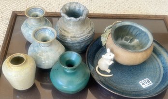 7 Pcs Vintage Studio Pottery, Some Signed S. Cornwell, Largest 12' Diam.