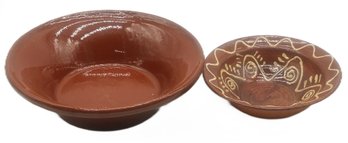 2 Pcs 18thC Style Glazed Redware Pottery Bowls, Largest 13.5' Diam. X 3.5'H & 1-Slip Decorated