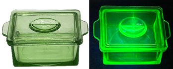 Vintage Anchor Hocking Green Uranium Glass Refrigerator Lidded Box, 6' X 4.5' X 2.25'H