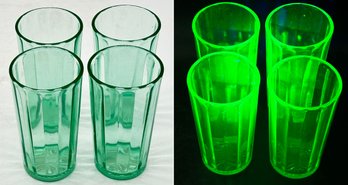 4 Pcs Vintage Green Uranium Glass Panel Sided Tumblers, 5'H