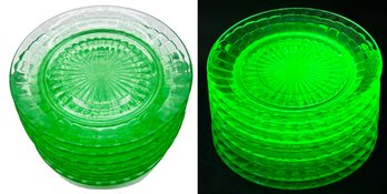 8 Pcs Vintage Optic Green Uranium Glass Dessert Plates, 6.25' Diam.