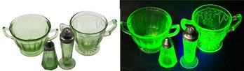 4 Pcs Vintage Green Uranium Glass, Cameo Sugar Bowl, 2- Salt Shakers And Other Sugar Bowl