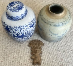 3 Pcs - Antique Chinese Blue & White Covered Porcelain Jar, Canton Export Jar (No Lid) & Terracotta Aztec God