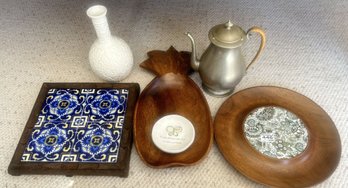 5 Pcs Wooden Cheese Tray Tile Insert & Pineapple Nut Bowl, Spode Imp Vase, 4-Tile Stand 18' Sq, And More