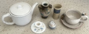 6 Pcs - Stoneware Pottery Cup/Saucer/Vase, Porcelain Wedgwood Candlestick, Haviland Egg, Japanese Moriage Vase