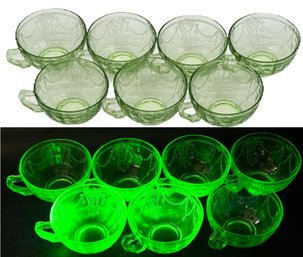 7 Pcs Vintage Anchor Hocking Cameo Green Uranium Glass Cups