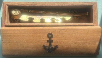Brass & Copper Maritime Whistle On Chain In Customer Wooden Case Inset With Brass Anchor