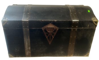 Antique Treasure Chest Shaped Trunk, Brass Straps & Accents, Wrought Iron Handles, 29.5' X 15' X 17'H