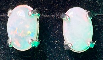 Pair 14K White Gold And White Opal Post Earrings (One Back Not Present) 0.39 Gross Dwt