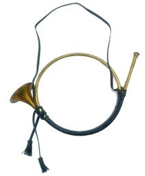 Vintage Leather Wrapped Round Brass Hunting Horn, 12.5' Diam. X 21'L