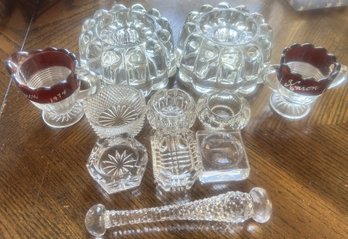 11 Pcs Crystal And Glass, Candlesticks, 6 Individual Salts, Cocktail Muddler And 2 Ruby & Clear Souvenirs
