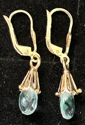 Pair 14K Yellow Gold Earrings White Pale Blue Faceted Teardrop Stone, 2.10 Gross Dwt