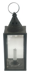 Antique Pierced Tin Glass Sided Candle Lantern, 5.25' Sq X 16'H