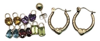 Various 10K Yellow Charms With Gem Stones And Hoop & Heart Earrings And Single Round Stud, 2.51 Gross Dwt