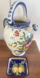 2 Pcs Italian Style Pottery Jug Or Pitcher With Top Handle,7' Diam. X 12'H &Small Square Dish (Chip To Spout)