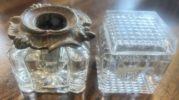 2 Pcs Antique Inkwells, 1877 Square Covered Clear Crystal And Square With Bronze Insert, 2.25' Sq X 2'