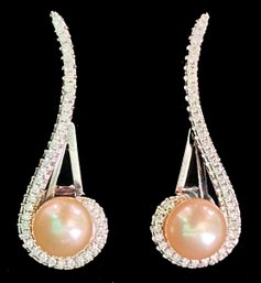 Elegant Pair Cultured Pearl And CZ Linear Earrings Marked BRONZE Italy