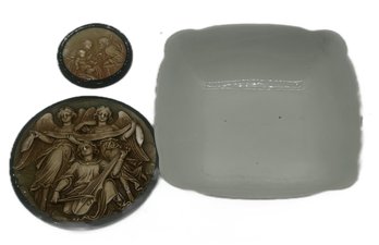 English Ironstone Square Bowl And 2 'Bodleian' Museum Repro Wall Plaques
