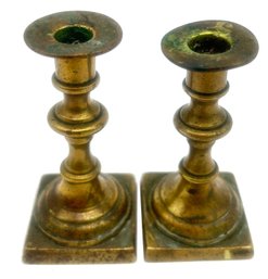 Antique  Pair Diminutive Brass Candlestick Holders, Solid And Heavy For Size, 1-5/8' Sq X 3.25'H