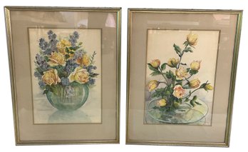 2 Pcs Pair Matted & Framed Original Floral Watercolors Signed Rob Samuels, Each 22.25' X 29.25'H