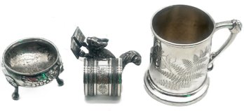 3 Pcs Victorian Style Silver Plate, Footed Master Salt, Mug With Etched Fern And Squirrel Napkin Holder