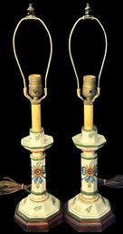 2 Pcs Pair Vintage French Country Hand Painted Porcelain Candlestick Form Table Lamps, 24'H