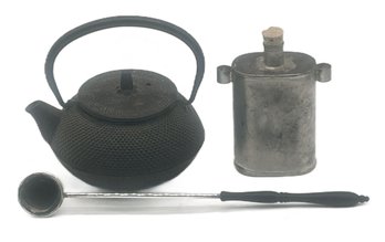 3 Pcs Iron Individual Tea Pot, SP Candle Snuffer, 9.25'L And Tin Drinking Can Worn Round The Neck