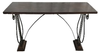 Vintage Distress Wood Slab Sofa Table With Lyre Shaped Wrought Iron Supports, 49' X 17.75' X 30'H