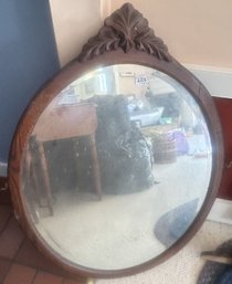 Antique Round Oak Dresser Beveled Mirror With Carved Crest, 26.5' X 36.25'H (Dresser Not Present)