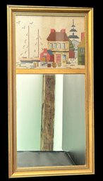 Vintage Split Mirror In Lemon Gold Gilt Frame And Needlepoint Of Harbor & Boats Scene, 21' X 10.75'H