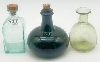 3 Pcs Glass Bottles, Hand Blown Dk Green Squat & Round Celery Green With Bubbles And Square Lt Blue, 5'H